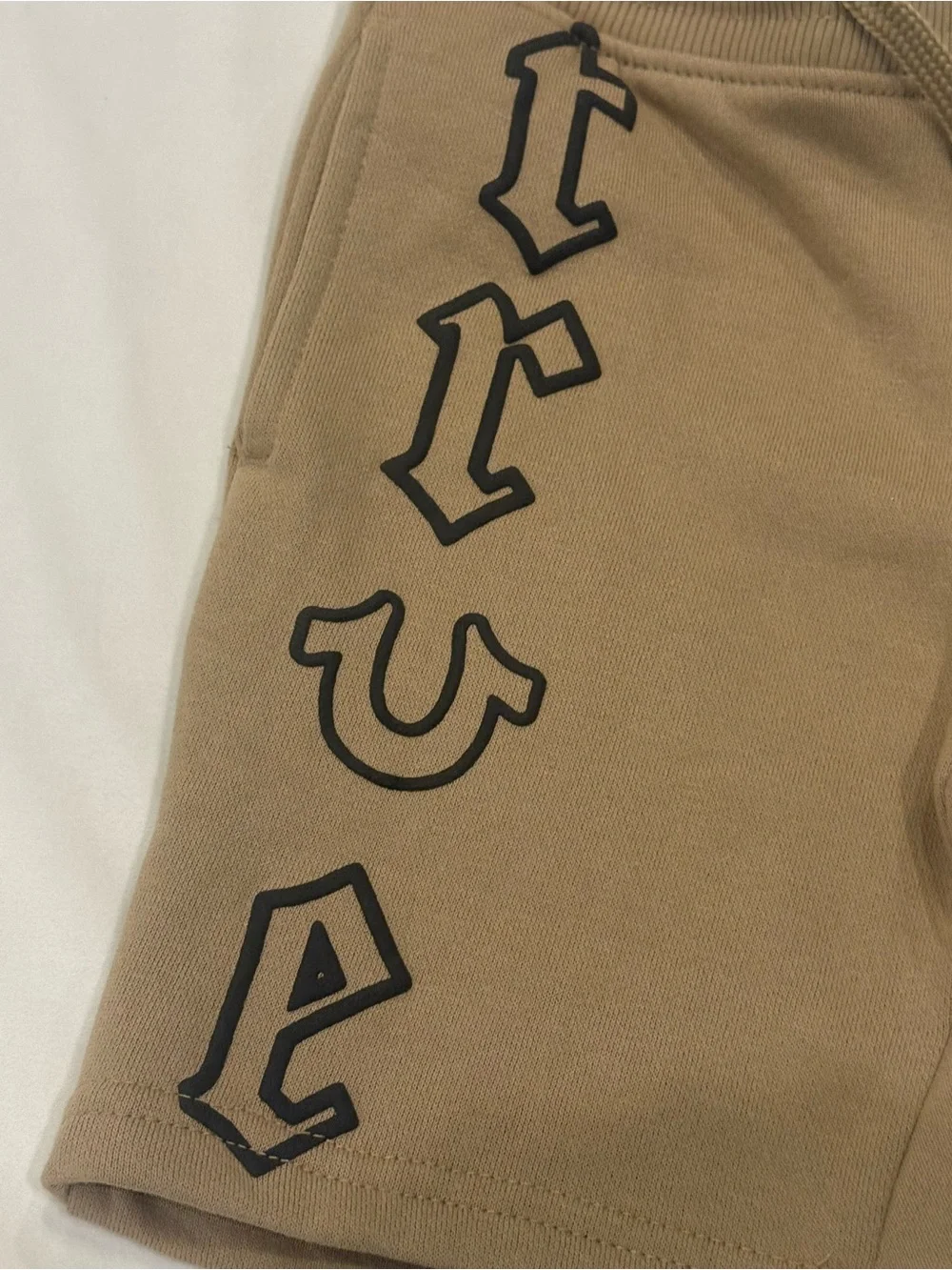 True Religion Boys Old English Logo Fleece Shorts Khaki Tan NWT Size 4 Small